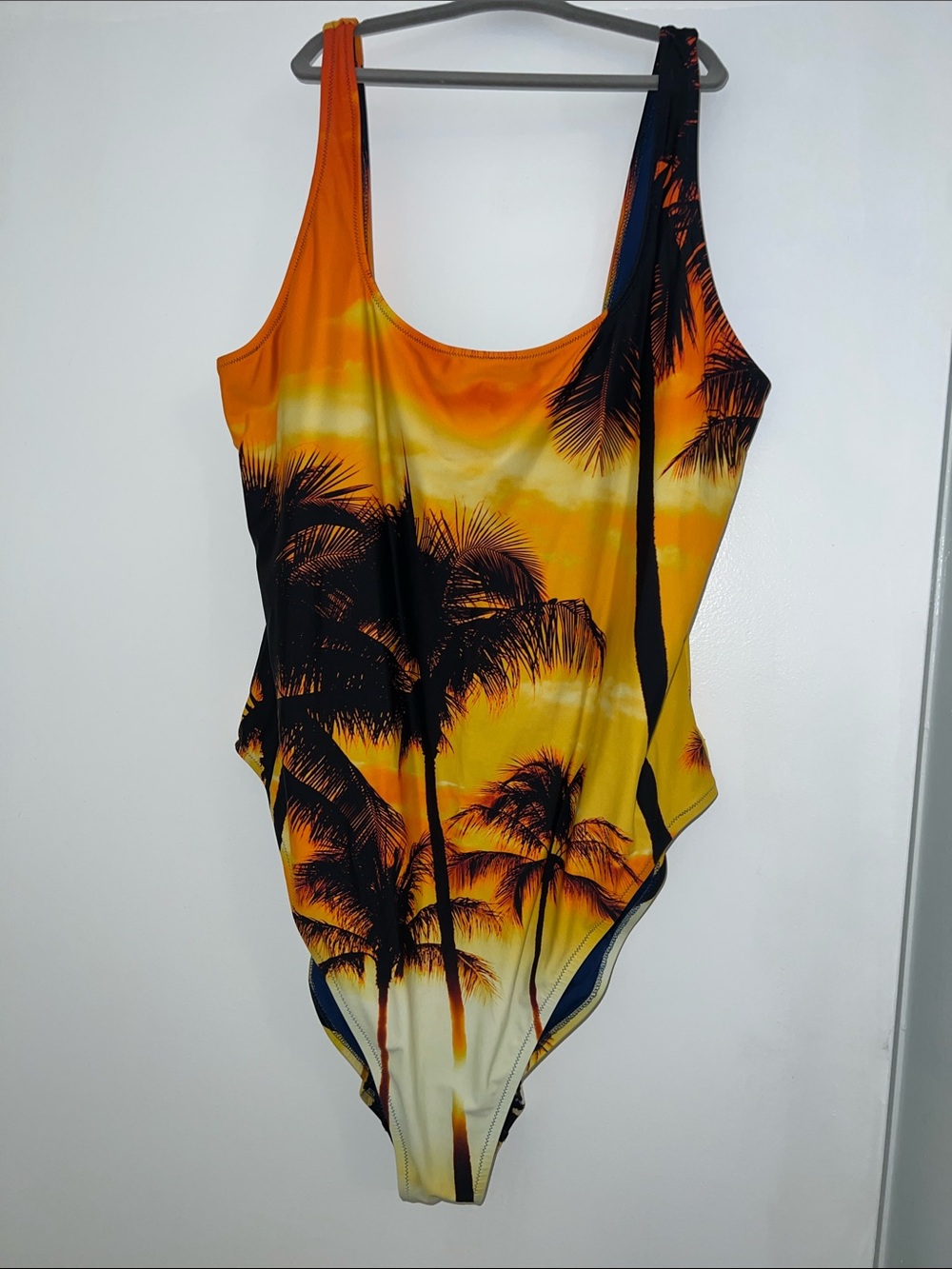aerie Tropical Sunset Palm Print One-Piece Swimsuit - Orange, Yellow, Black